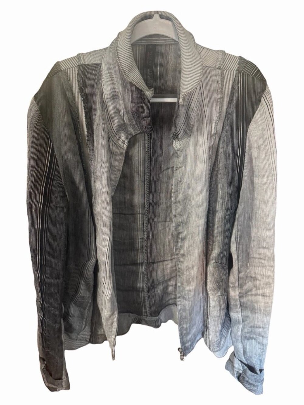 Inizio Black White Linen Cotton Ruffle Lagenlook Zip-up Jacket Sz Large